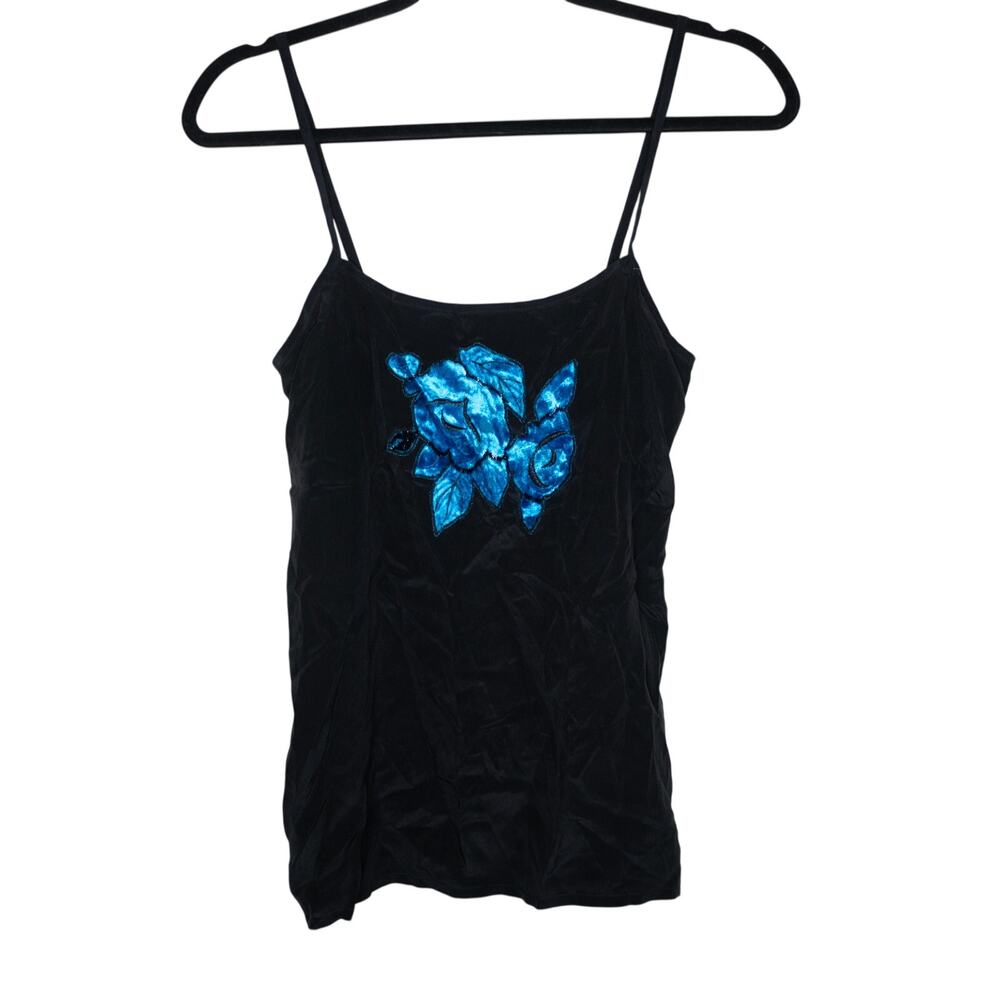 Escada 1980s Vintage Velvet 100% Silk Cami Black Blue Floral Coquette SZ 4 NWT